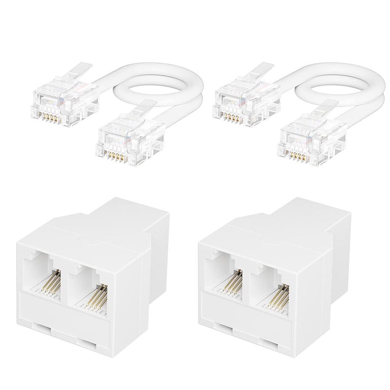 Uvital Phone Jack Splitter, Phone Line Splitter for Landline Telephone, RJ11 6P4C 1 Female to 2 Female Adapter, Comes with 4 Inch Cable(White,2 Pack) - Image 1